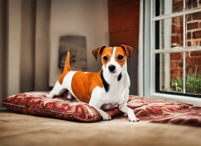 Prompt: photography of a Jack Russel . watching outside the window. on a bed. in a 70's room full of vinyls and posters, photorealistic, award winning photo, 100mm, sharp, high res