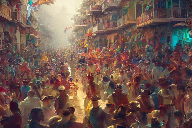 Image similar to carnaval de barranquilla colombia, thorough details, intricate, artstation, atmosphere, highly detailed, craig mullins, james jean, digital painting, deviantart, cinematic lighting, 4 k