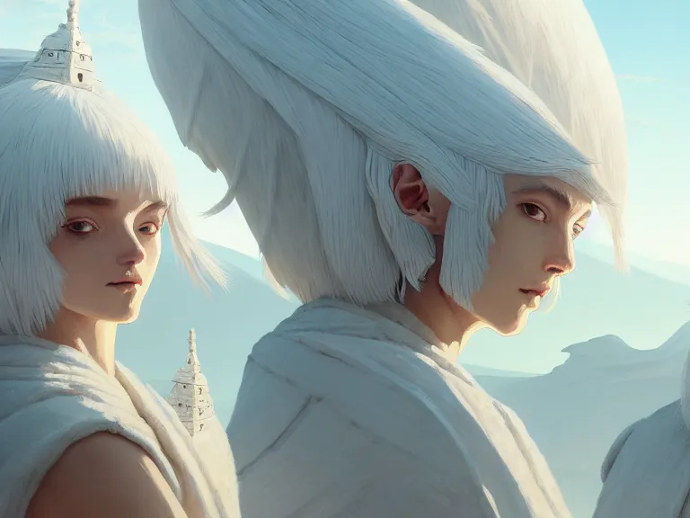 Prompt: close up picture of a cute white hair robe girl and three big knight colosuss, crossing the desert, beautiful and aesthetic, detailed face, intricate, highly detailed, smooth, sharp focus, trending on artstation, art by yomu and mika pikazo and ilya kuvshinov and rembrandt and greg rutkowski, fantasy illustration
