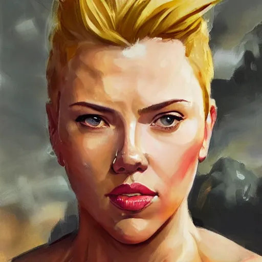 Image similar to greg manchess portrait of scarlett johansson as roided thick very muscular fitness model zarya from overwatch with short blond hair and ponytail, fantasy, medium shot, asymmetrical, profile picture, organic painting, sunny day, matte painting, bold shapes, hard edges, street art, trending on artstation, by huang guangjian and gil elvgren and sachin teng