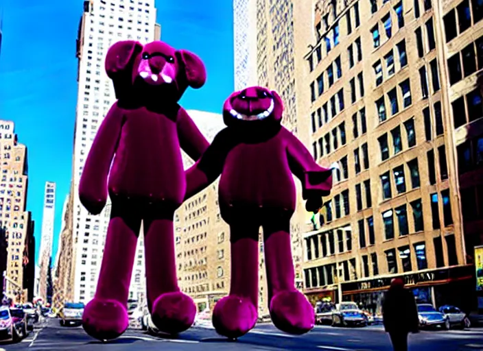 Prompt: Giant velvet and fleece puppet on the streets of New York City