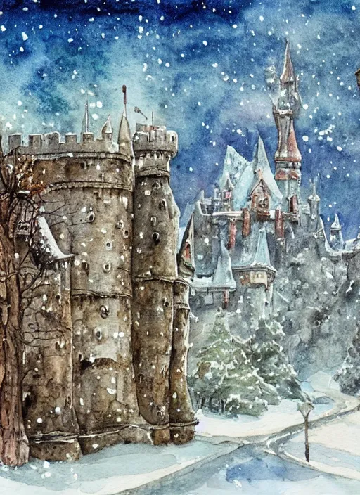 Prompt: a sword stuck in the ground, there is a huge and intricate castle in the distance, fantasy, muted colors, snow, trees, watercolor