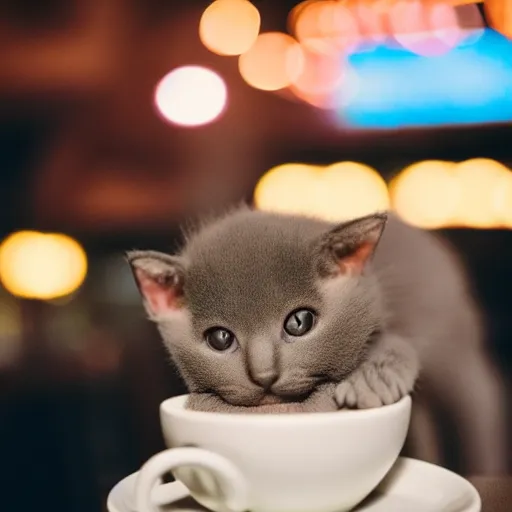 Prompt: ultra high quality photograph of a cute korat kitten drinking a cappuccino, in crowded cafe, bokeh background, lighting dim, kodak etkar 1 0 0