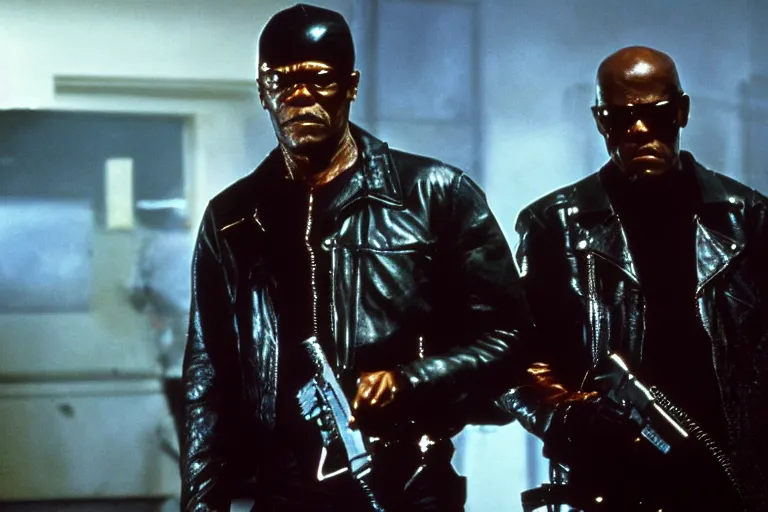 Image similar to Samuel L. Jackson plays Terminator wearing leather jacket and his endoskeleton is visible, action scene from the film