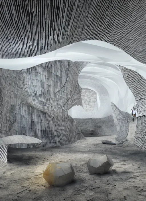 Image similar to art exhibition, architecture installation in biennale venezia, bioremediation white mining tailing futuristic horizontal architecture, epic, cinematic, hyperealistic, high detailed, corona render, hdr, ray tracing