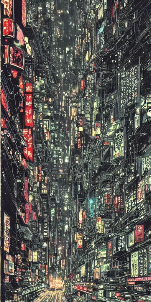 Image similar to beautiful and detailed anime drawing of an AKIRA-like cyberpunk city landscape with light trail from a motorcycle at the bottom and a bridge silhouette at the top, japan at night, 1980s, by Katsuhiro Otomo and mamoru oshii, wide angle, worm\'s eye view, grand, clean