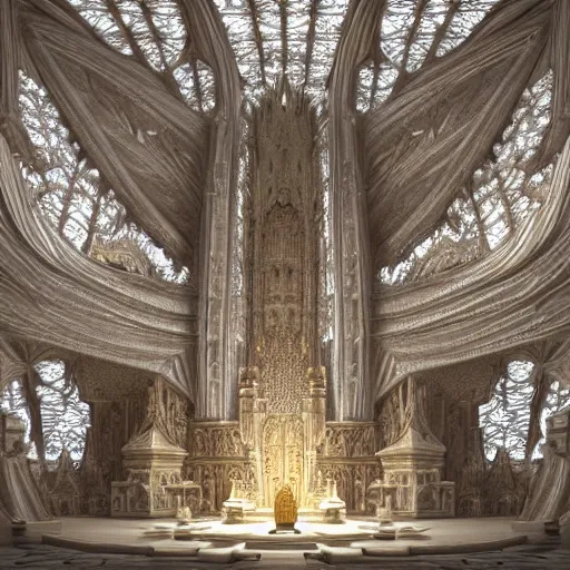 Prompt: a 3 d render of a massive sprawling fractal cathedral interior populated by mandelbrot fractals, unreal engine, carved soap, white, volumetric lighting, hyperrealistic, octane render, glowing, carved marble, opalescent, carved wood, depth of field, sacred geometry, religious, angelic, catholicpunk, photorealism, 8 k, ultra detailed