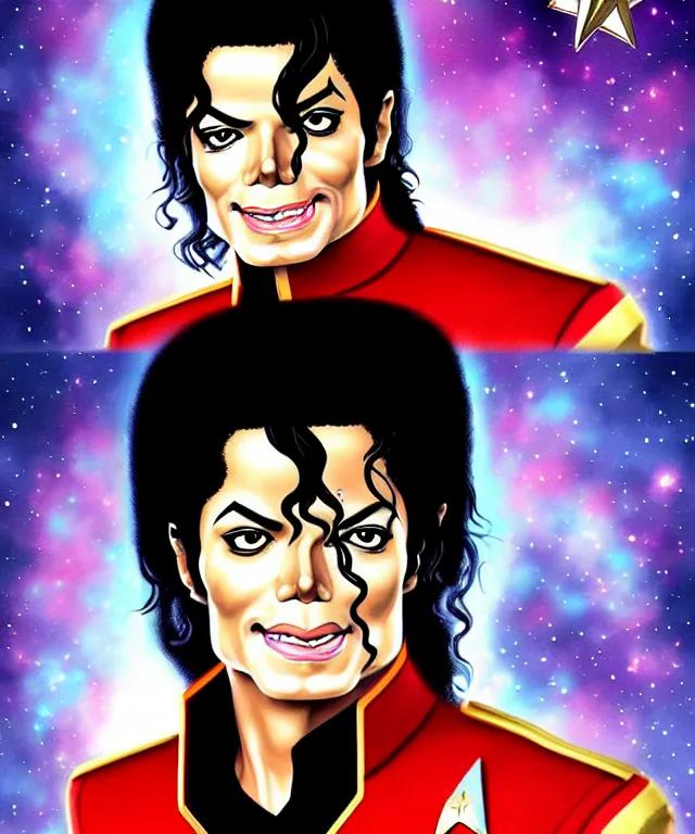Image similar to fantasy comic style portrait of ( michael jackson ) as a starfleet officer, digital illustration by ken taylor and sana takeda, hd, 4 k, intricate, highly detailed!!, character design, cover art, award winning