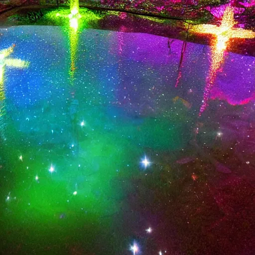 Prompt: crystalline flowers illuminate the otherworldly dichroic pond, fog, godlight, happy, colorful, glow, stars, golden ratio