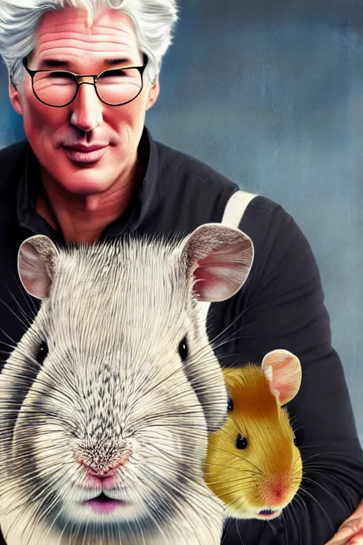 Image similar to richard gere poses next to a huge gerbil, highly detailed realistic portrait, digital concept art, cinematic lighting, photorealistic 8 k by artgerm and yoshitaka amano
