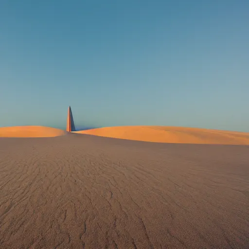 Prompt: a large sand dune with a large obelisk hovering in the middle of the sand dune. clear sky, grainy.