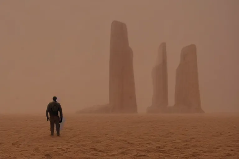 Prompt: gigantic monolithic architecture, open walls let in a sand storm, concrete pillars, ancient sci - fi elements, on an alien planet, sun is blocked by dust, pale orange colors, cinematographic wide angle shot, directed by christopher nolan