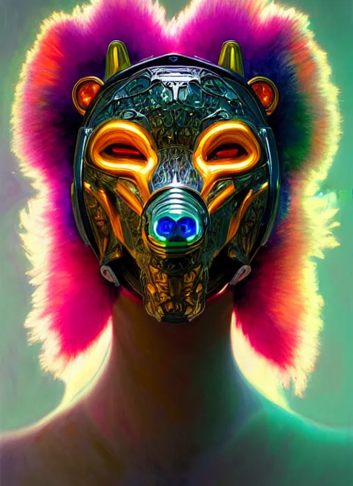 Image similar to organic cyborg, brightly coloured bear mask opening, diffuse lighting, fantasy, intricate, elegant, highly detailed, lifelike, photorealistic, digital painting, artstation, illustration, concept art, smooth, sharp focus, art by John Collier and Albert Aublet and Krenz Cushart and Artem Demura and Alphonse Mucha