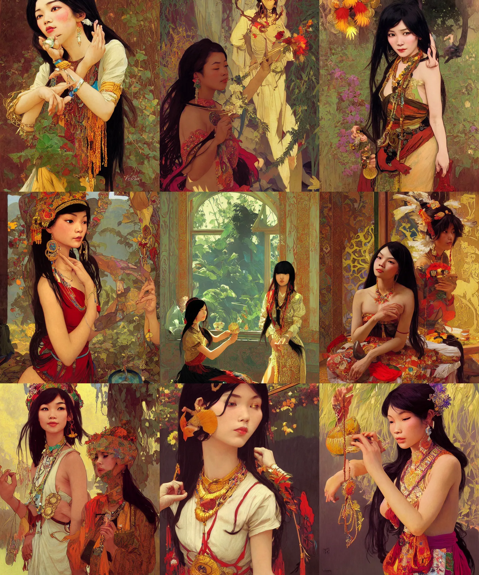 Prompt: pulp art, gorgeous maid, long hair vietnamese girl at shaman ritual, iranian, wooden jewerly, elegant, vibrant, smooth, by ilya kuvshinov, craig mullins, edgar maxence, alphonse mucha, artgerm, sakimichan