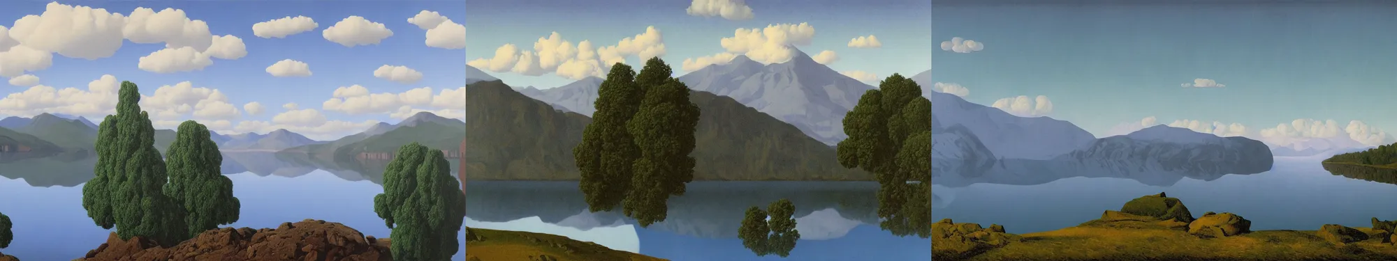 Prompt: lakeside mountains, by rene magritte
