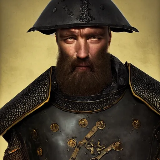 Prompt: Closeup of frustrated male medieval sergeant with a {short} beard wearing a {black!!!! and yellow tabard} over a steel breastplate and a black gambeson looking up from a map on a table, intricate, dramatic lighting illustration by Greg Rutkowski, {perfect face}, {perfect eyes}, fantasy