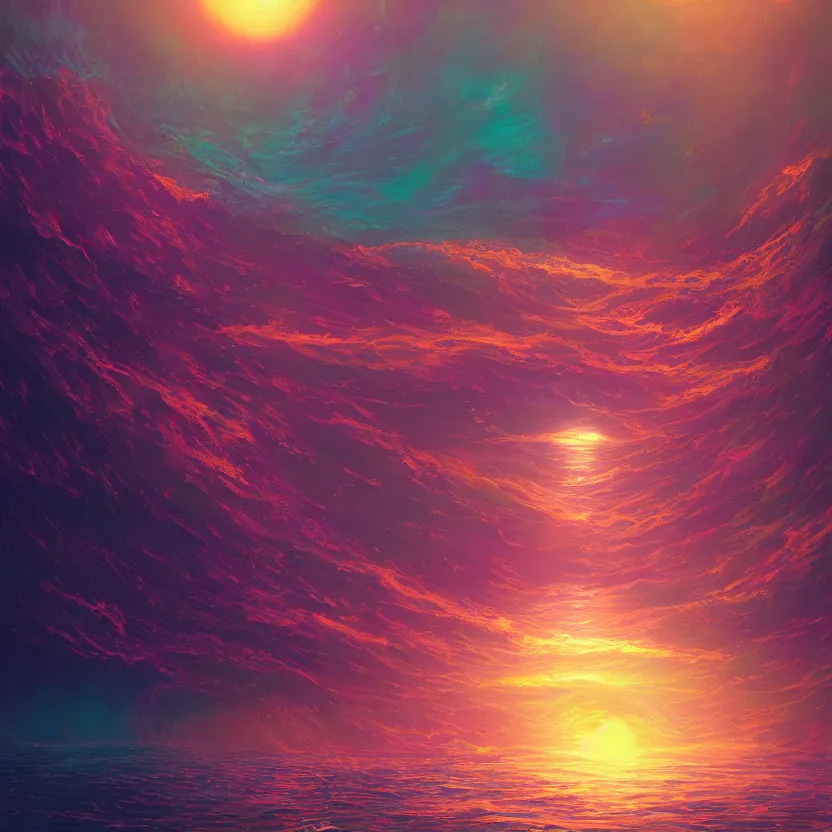 Prompt: an # illustration of submerging sun, psychedelic, by yoshitaka amano and alena aenami, trending on artstation, nvidia, matte painting, unreal engine