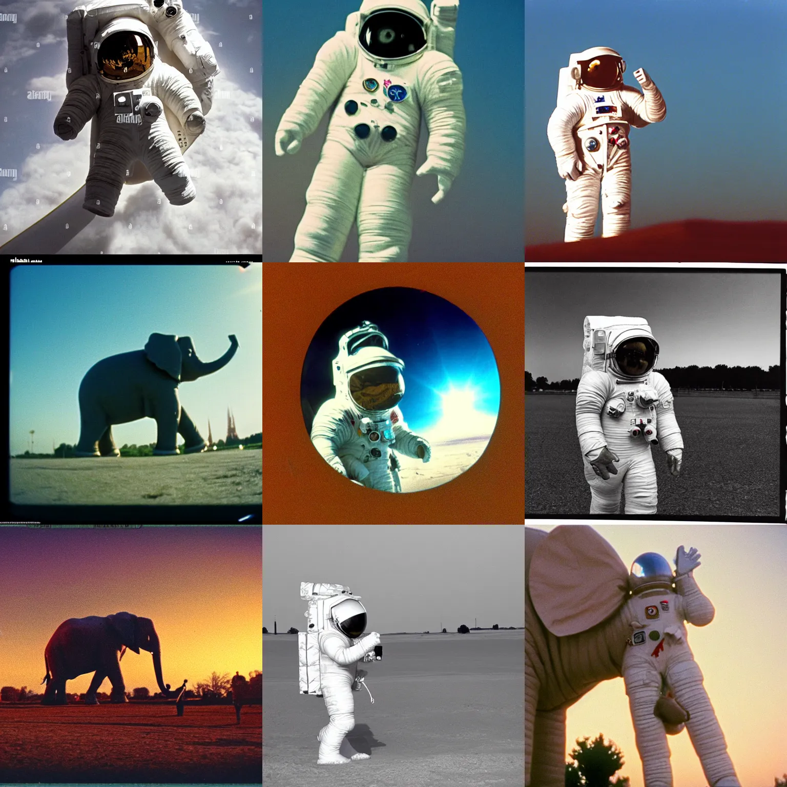 Prompt: shot on 8 mm film soft, giant elephant wearing white custom made american spacesuit with oversized giant helmet as astronaut animal, in legnica, sunrise, by vhs camcoder