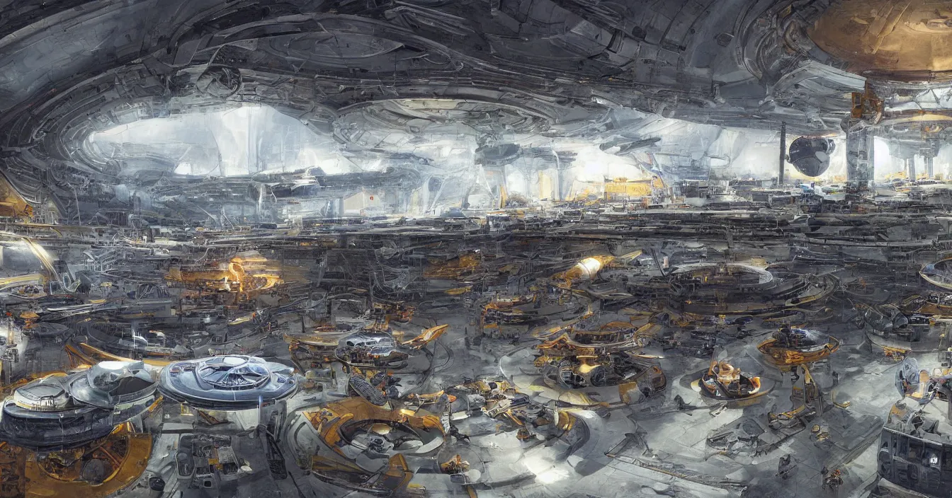 Image similar to Interior of the hall in area 55, full of alien military equipment, engineers working on flying saucers, high detail, wide perspective, saturated colors, by Jan Urschel