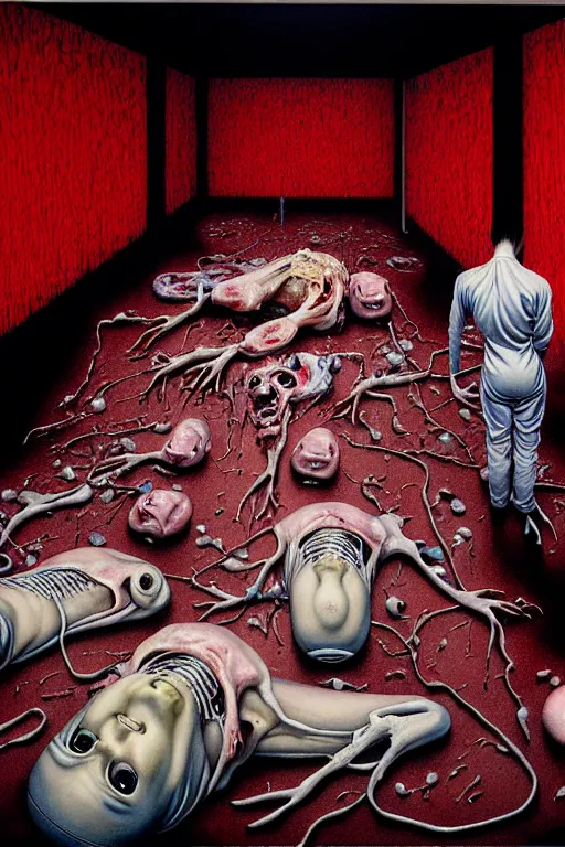 Prompt: a hyperrealistic painting of a horror slaughter house autopsy room with evil surgeons and scary creatures, cinematic horror by chris cunningham, lisa frank, richard corben, highly detailed, vivid color, beksinski painting, part by adrian ghenie and gerhard richter. art by takato yamamoto. masterpiece