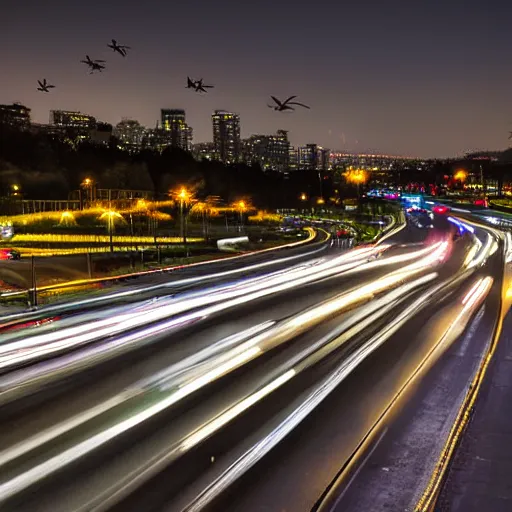 Image similar to dslr photo freeway photo at night, dragonflies replace the cars, very high quality lights, intricate details, extremely high quality, moody lighting, real camera, real photo, slow - shutter, 8 k, full subject in shot