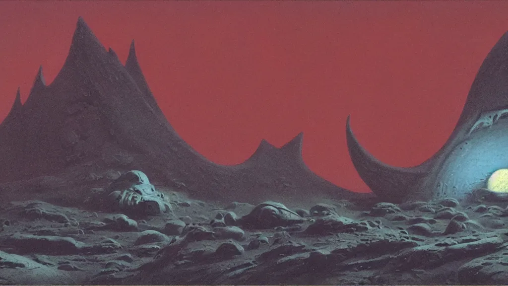 Image similar to mysterious sculpture of an alien crescent moon by paul lehr and john schoenherr, cinematic matte painting