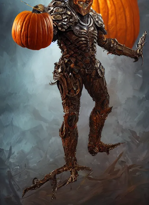 Image similar to powerful male pumpkin, willem dafoe as pumpkinhead, oz, full body character concept, covered in full metal armor, art nouveau, super powers, fantasy, intricate, elegant, highly detailed, digital painting, artstation, concept art, shining, sharp focus, illustration, art oleg bulakh