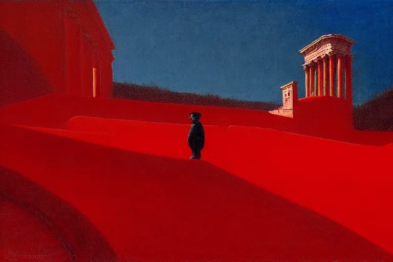 Image similar to only with red, a red melted emperor in an authoritarian position, taormina amphitheatre, crowd hails him, in the style of beksinski, parts by edward hopper, parts by rodcenko, parts by yue minjun, intricate and epic composition, red by caravaggio, insanely quality, highly detailed, masterpiece, red light, artstation, 4 k