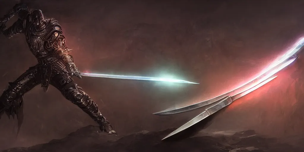 Image similar to legendary cybernetic long sharp sword lying flat on a glowing table with a black and iridescent sword blade, digital award winning hd matte painting, intimate dark moody, intricate, ornate spikes, colorful hilt, detailed realistic, raytraced blade, colored gems, future golden technological pommel, in the style of greg rutkowski and krenz cushart, deviantart