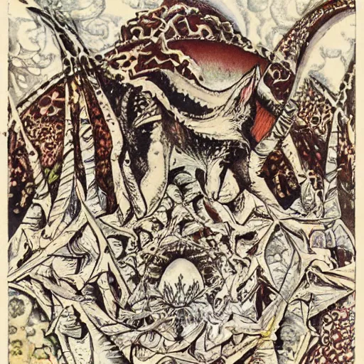 Image similar to cat as a fractal distortion, lithograph, watercolors, ink, M.C. Escher, moebius