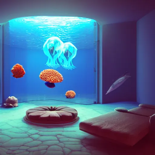 Image similar to the realistic photo of the modern room as aquarium with a big jellyfish and corals, under the ocean, realistic colors, realistic shadows, daylight made in blender, hd, 3 d by beeple and damian hirst