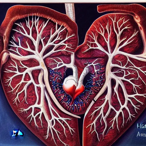 Image similar to dramatic oil in canvas of the anatomy of heart, very detailed