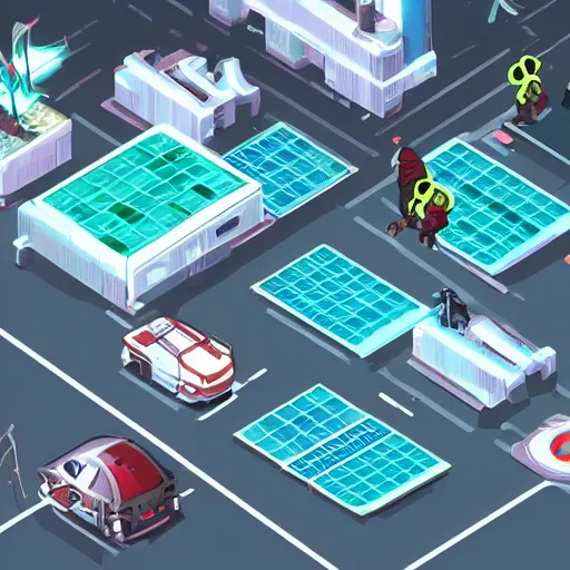 Prompt: isometric futuristic video game set in a cyberpunk city, browns and whites, style of Satoshi Kon and Mirror\'s Edge, water deposits, cars, solar panels