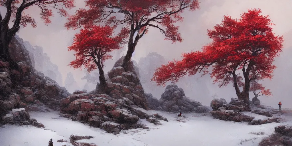 Image similar to A beautiful oil painting of a rocky valley covered in snow, trees with red leaves, thunderstorm in the sky, blue lighting, gloomy, atmospheric lighting, detailed, by greg rutkowski, trending on artstation