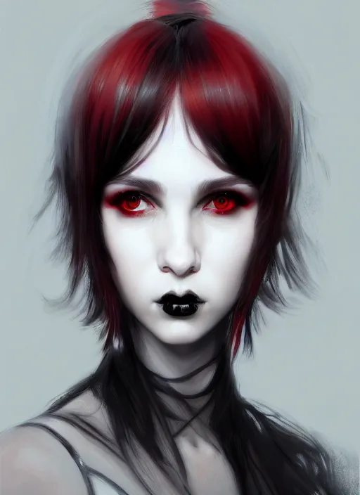 Image similar to portrait of white teenage girl, normal face, black bangs, mall goth, cyberlox, black and white hair, bangs, fluffy bangs, red contacts, intricate, elegant, highly detailed, digital painting, artstation, concept art, sharp focus, smooth, illustration, art by wlop, mars ravelo and greg rutkowski