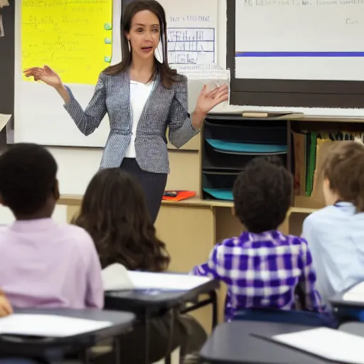 Prompt: teacher explaining at school next to a robot