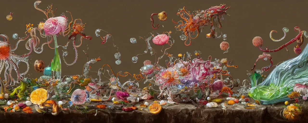 Image similar to ultradetailed photorealistic still life with jelly flowers by ernst haeckel, jan brueghel, james jean and david lachapelle, slime and tentacles, wide angle, minimalistic cinematic composition, octane render, bokeh, unreal engine, 4k, 3d render