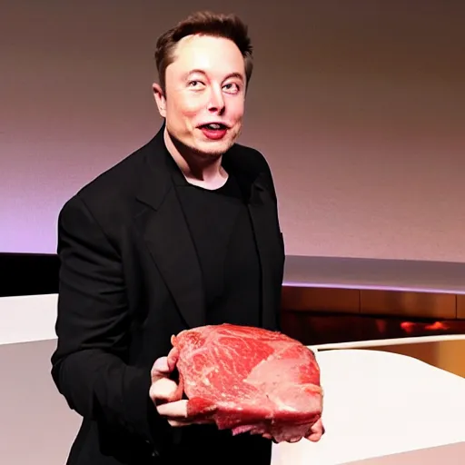 Image similar to elon musk holding a piece of meat, offering it to you