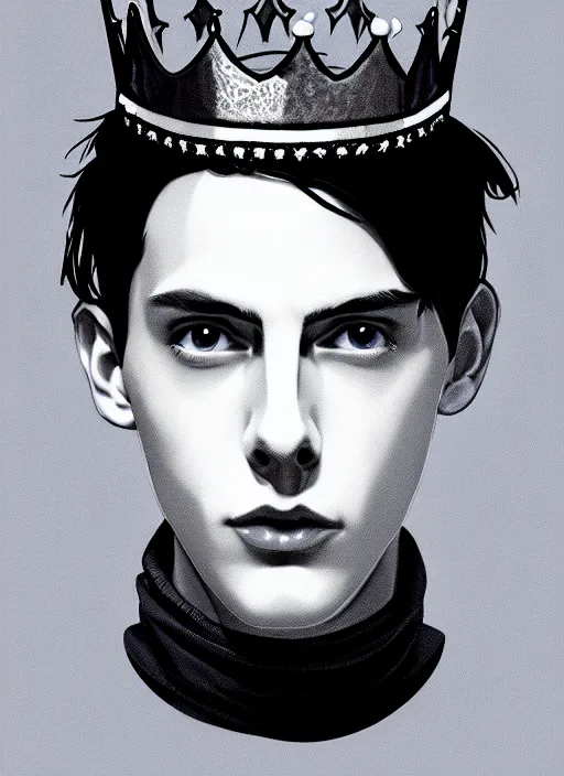 Image similar to portrait of teenage jughead jones wearing a light grey crown, crown, blue turtleneck, 1 9 5 0 s, closed eyes, photorealistic, black hair, glowing lighting, intricate, elegant, glowing lights, highly detailed, digital painting, artstation, concept art, smooth, sharp focus, illustration, art by wlop, mars ravelo and greg rutkowski