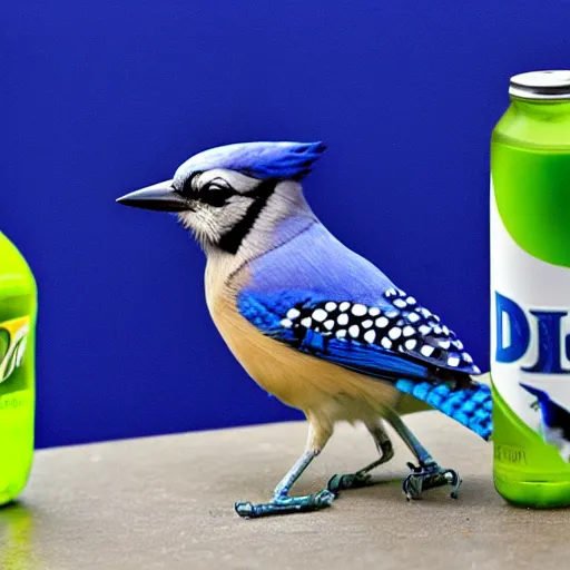 Prompt: bluejay next to a bottle of mountain dew