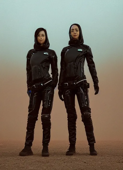 Image similar to cinestill 5 0 d photographic portrait of two loving clones, techwear women on a desolate plain with a red sky, a brutalist dark metal facility in the background, dust storm, depth of field, 4 k, 8 k, hd, full color