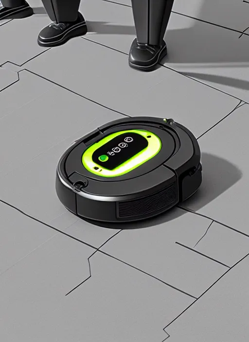 Image similar to A robot roomba standing on its own mechanical limbs, professional 3D render, studio quality, octane render