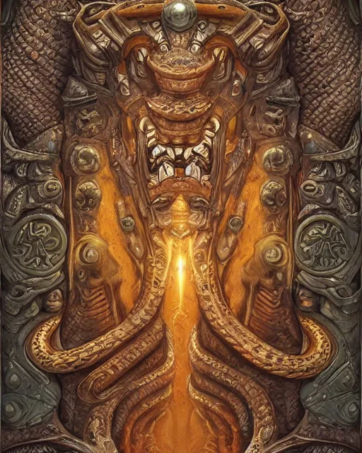 Image similar to digital painting of an aztec double headed serpent by filipe pagliuso and justin gerard, symmetric, fantasy, detailed, intricate, sharp focus, tarot card, gwent