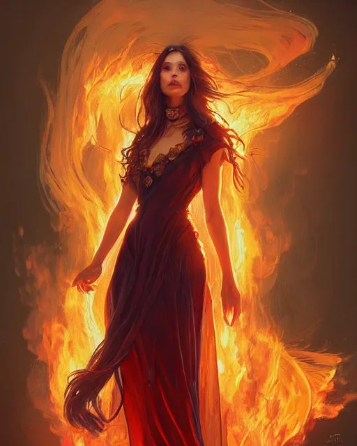 Prompt: beautiful long haired girl, fire dress, full body photo, flames everywhere, highly detailed, digital painting, artstation, concept art, smooth, sharp focus, illustration, art by artgerm and greg rutkowski and alphonse mucha