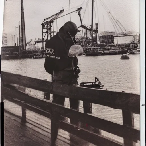 Prompt: a polaroid of a person welding in the harbour of Rotterdam