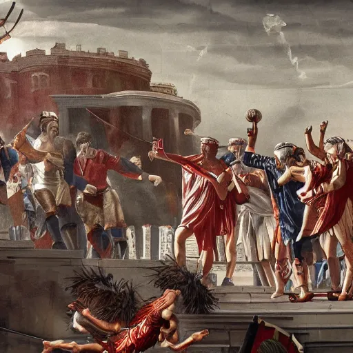 Prompt: the assassination of julius caesar in a modern football stadium highly detailed concept art