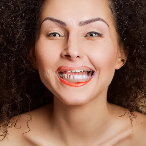 Image similar to close up headshot of a happy woman eating salad, stock photograph, studio lighting, 4k, beautiful symmetric face, beautiful gazing eyes