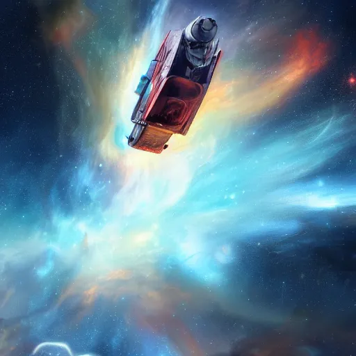 Prompt: a photorealistic concept art painting of a space van flying in front of a nebula, metal, hyper realistic, trending on artstation