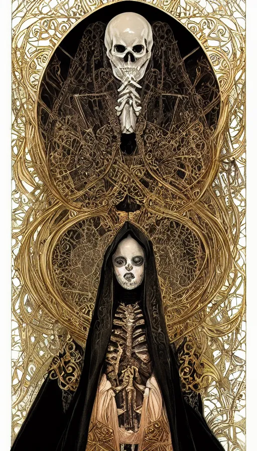 Image similar to a skeleton in a black cloak, highly detailed, very intricate, art nouveau, gold filigree, left right symmetry, tarot concept art watercolor illustration by mandy jurgens and alphonse mucha and alena aenami, featured on artstation