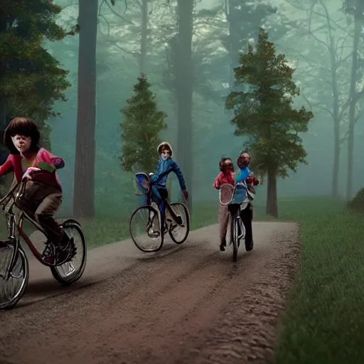Prompt: stranger things kids riding into woods, adam adamowicz illustration character design concept, unreal 5, d